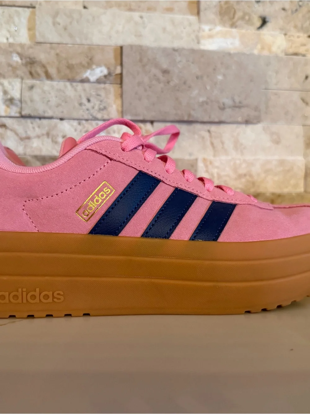 adidas Pink Suede Platform Sneakers with Navy Stripes and Gum Sole - Picture 1 of 4